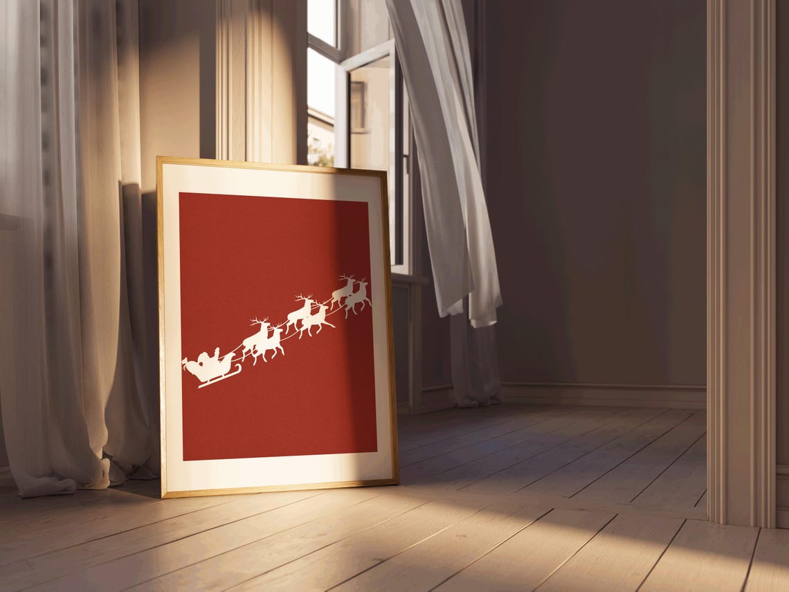 Santa Sleigh Reindeer Silhouette Red Christmas Night Minimalist Poster - Image 3