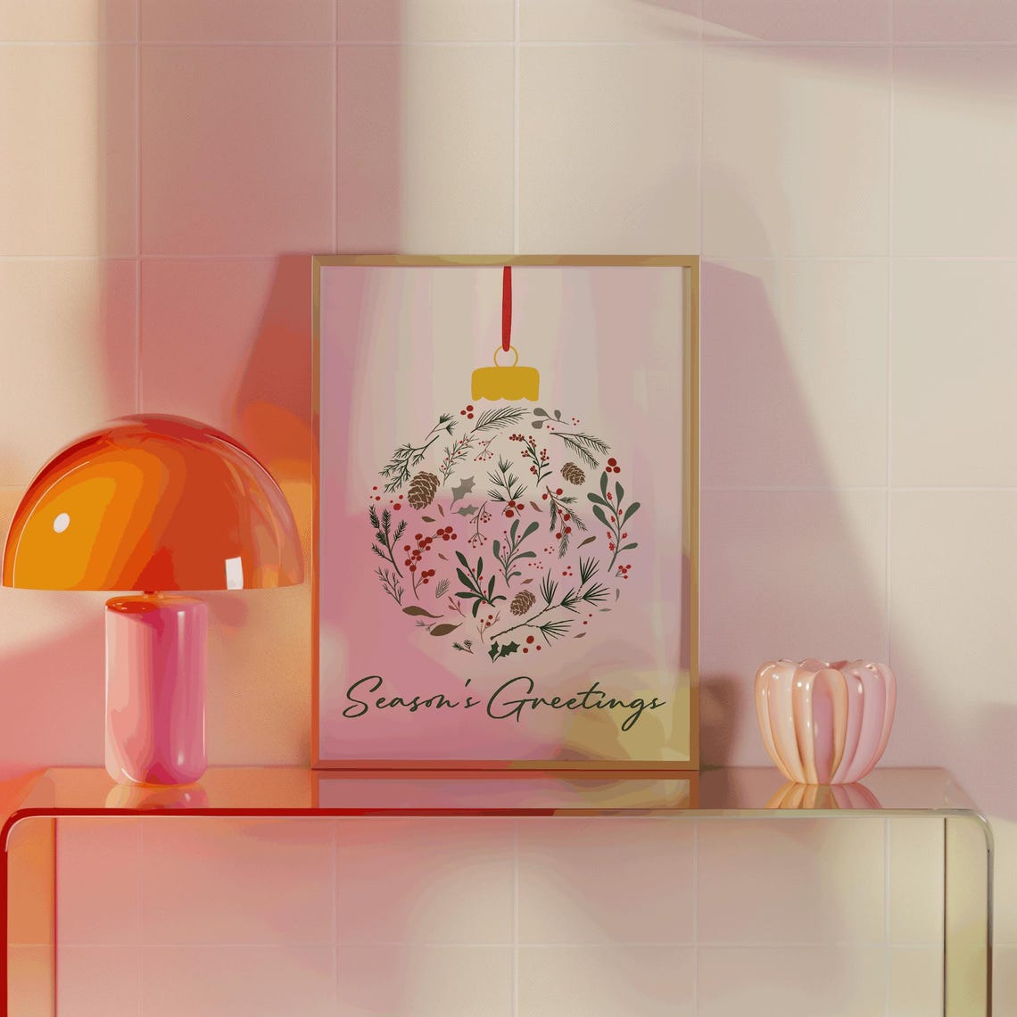 Season's Greetings Botanical Ornament Bauble Green Holiday Wall Print - Image 2
