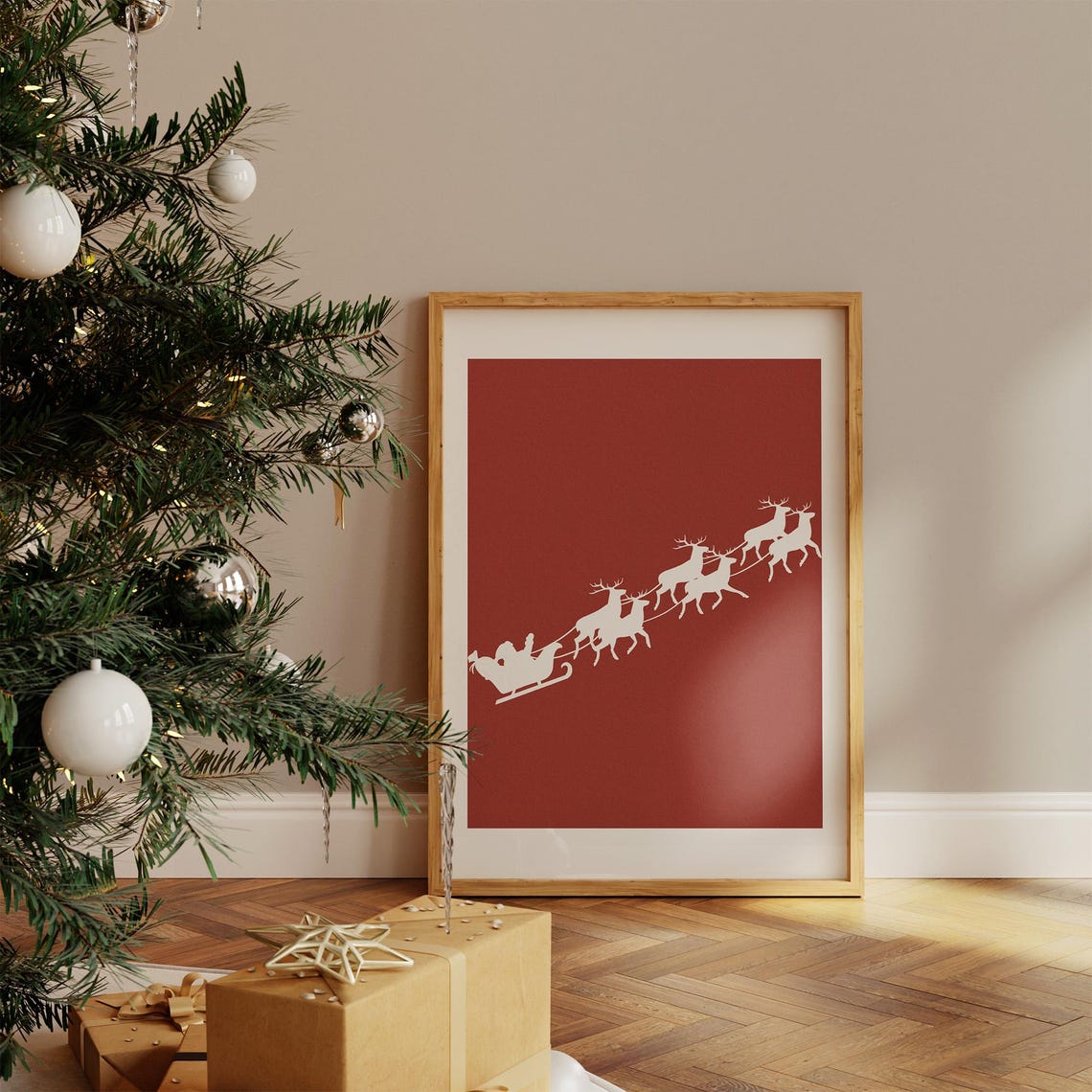 Santa Sleigh Reindeer Silhouette Red Christmas Night Minimalist Poster