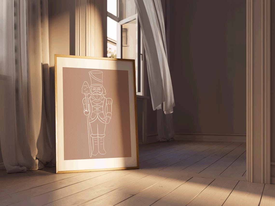 Minimalist Nutcracker White Line Art Brown Elegant Christmas Wall Art - Image 3
