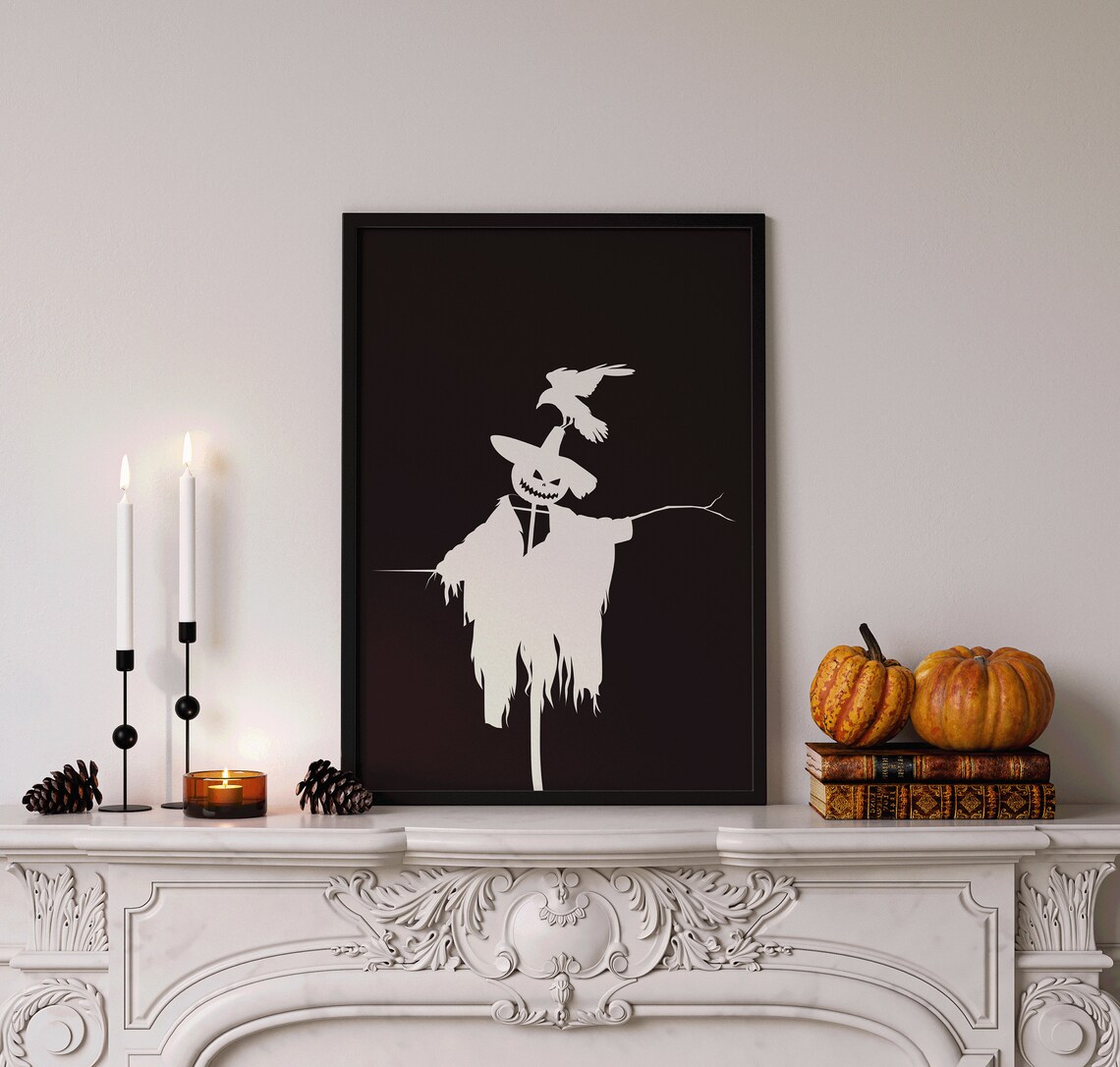 Scarecrow White Silhouette Black Background Pumpkin Crow Spooky Halloween Print