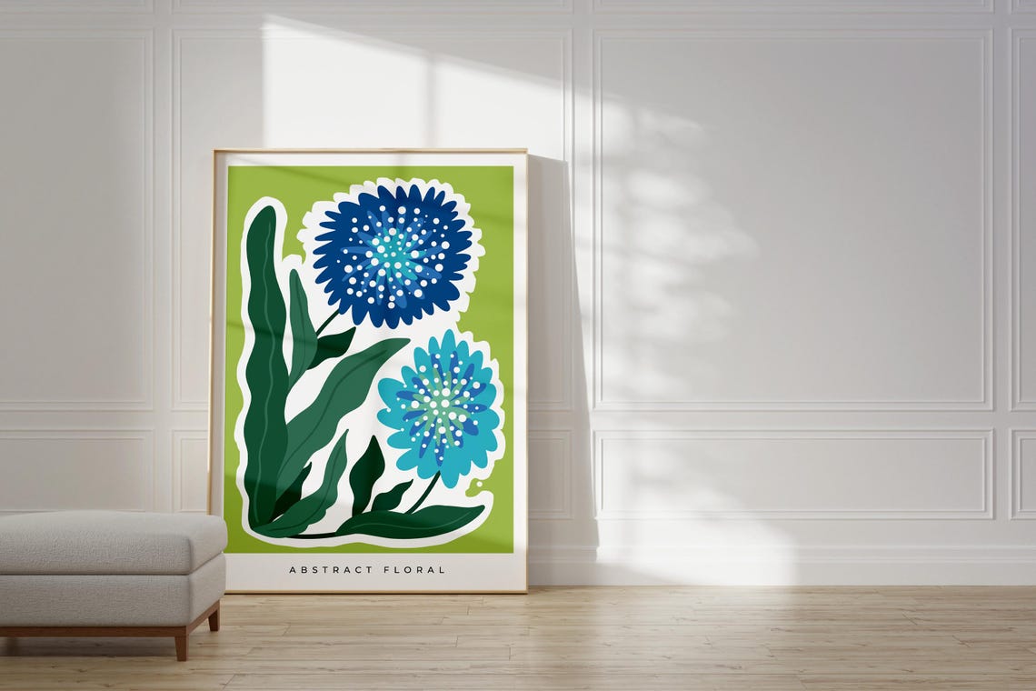 Abstract Floral Blue Blooms Green Background Modern Botanical Wall Art - Image 4