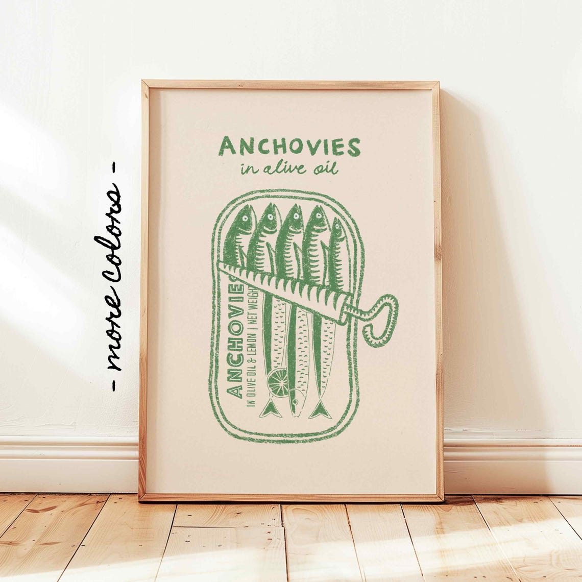 Anchovies In Olive Oil Tin Hand Drawn Green Retro Seafood Poster