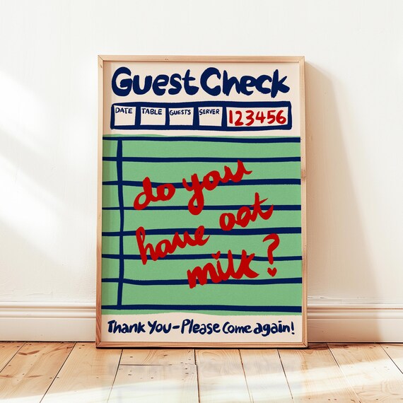 Guest Check Oat Milk Please Retro Cafe Kitchen Typography Poster