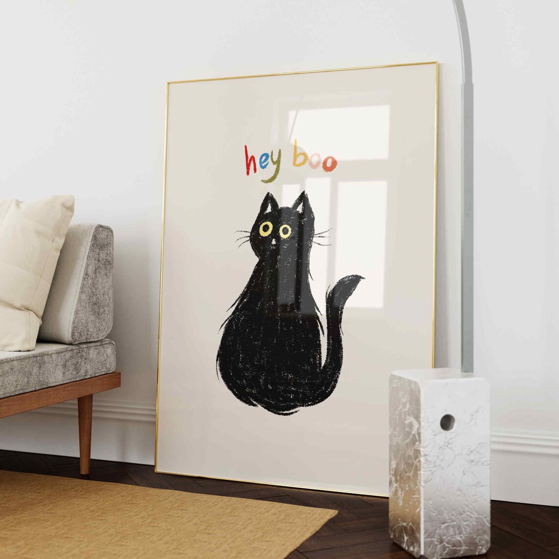 Hey Boo Black Cat Spooky Cute Hand Drawn Halloween Quote Poster - Image 3