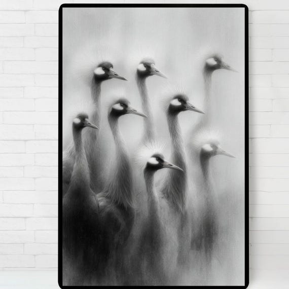 Cranes In The Mist Black And White Art Posterprintable Wall Instant