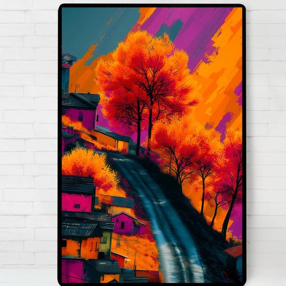 Neon Village Landscape Print Vibrant Colorful Road Wall Art Futuristic Countryside Poster