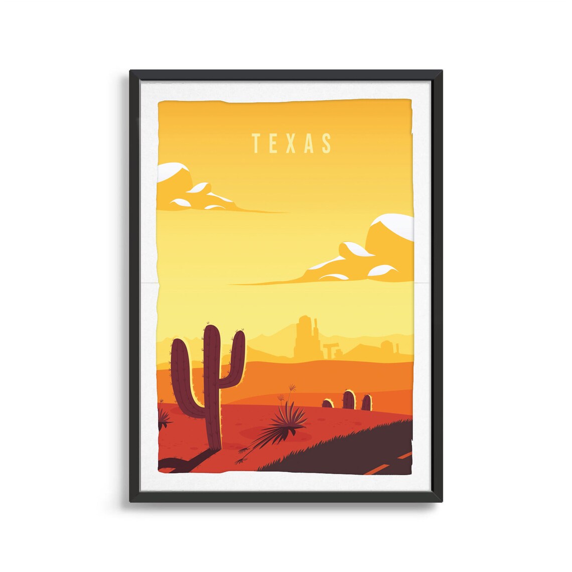 Texas Vintage Travel Art Desert Cactus Southwest Golden Sunset Poster