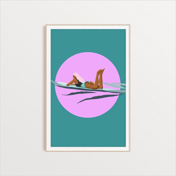 Surfer Girl Relaxing On Her Board Illustration Ocean Print For Surfers