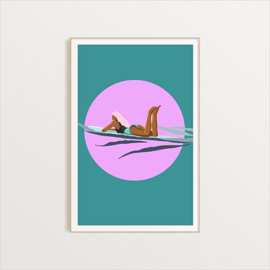 Minimalist Surfer Girl Relaxing On Board Retro Sunset Beach Art Print