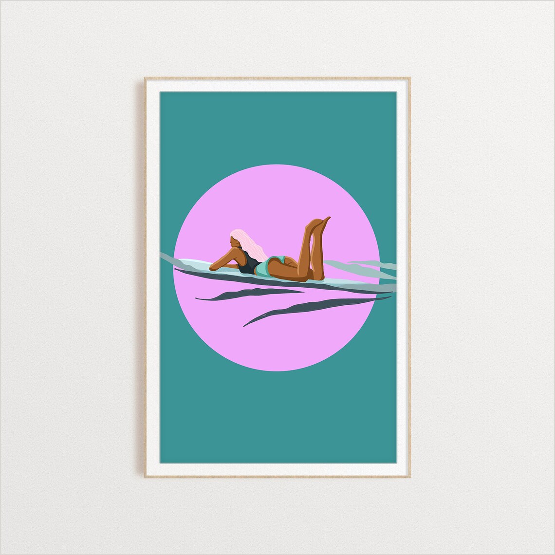 Surfer Girl Relaxing On Her Board Illustration Ocean Print For Surfers