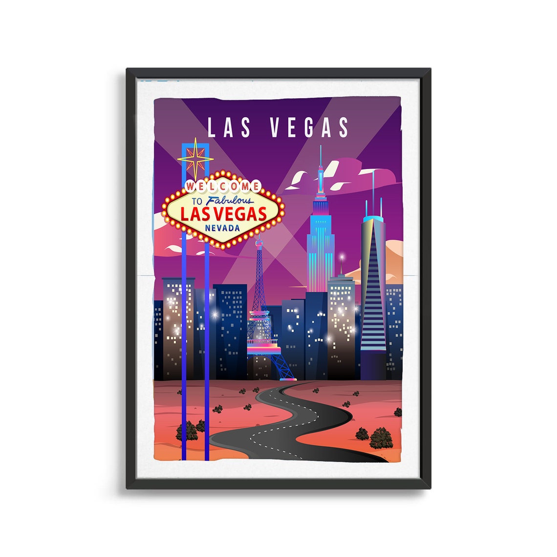 Retro Neon Las Vegas Welcome Sign Strip Night Skyline Travel Poster