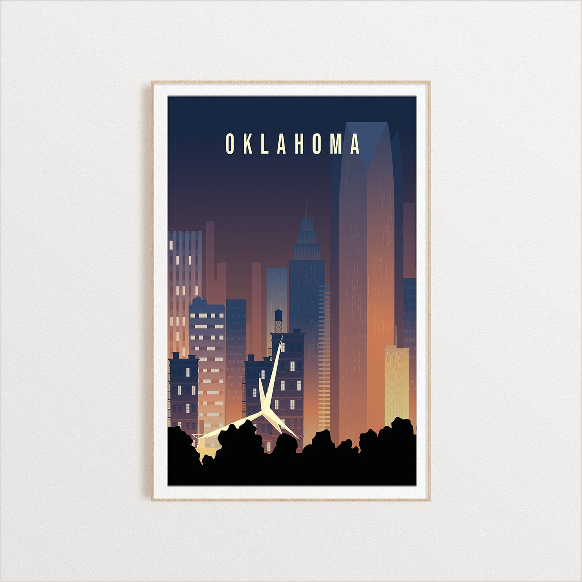 Oklahoma Night City Skyline Lights Vintage Urban Travel Poster
