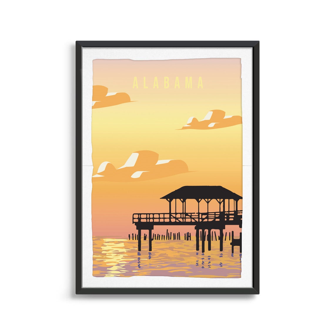 Alabama Sunset Pier Over Ocean Waves Vintage Travel Art Poster