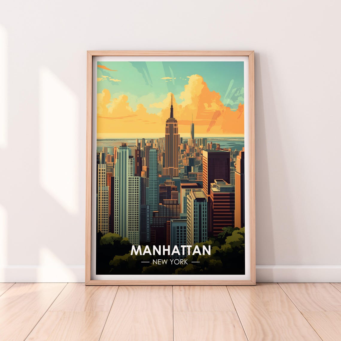 Manhattan New York Empire State Building Sunset Vintage Travel Poster