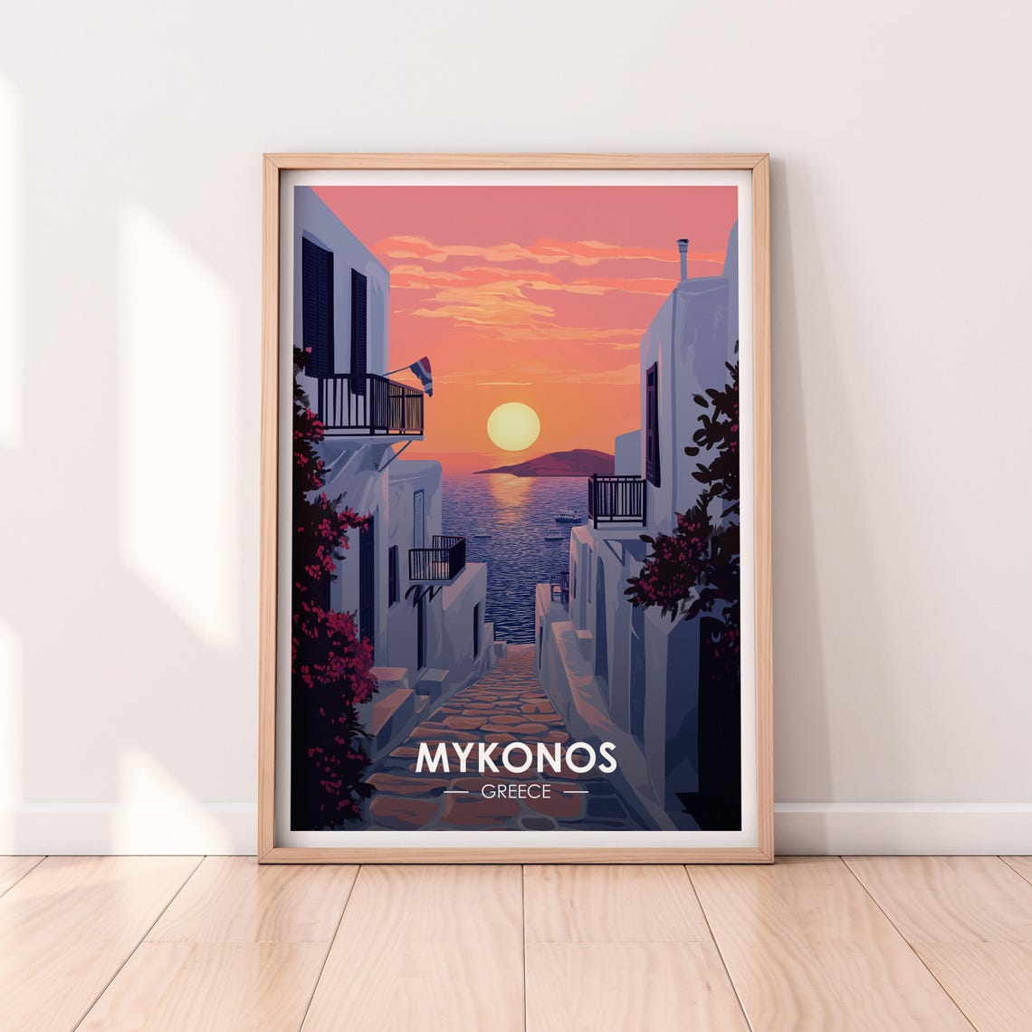 Mykonos Greece Sunset Alley Aegean Sea Whitewashed Lane Poster