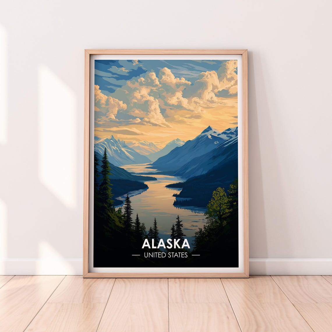 Alaska Golden Fjord Valley Evergreen Forest River Travel Poster