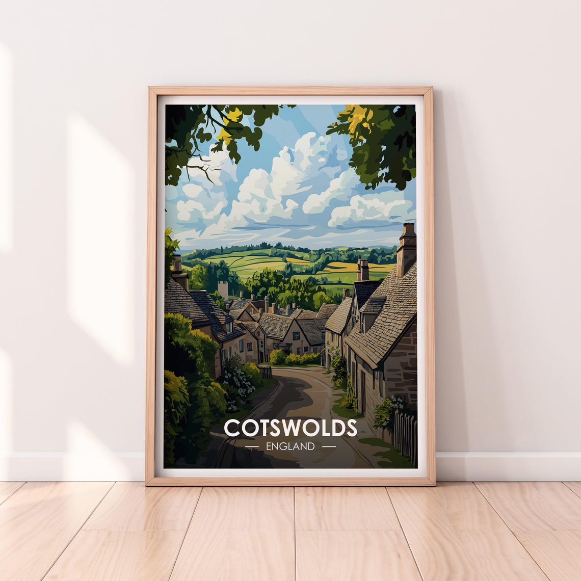 Cotswolds England Stone Village Street Rolling Hills Travel Poster