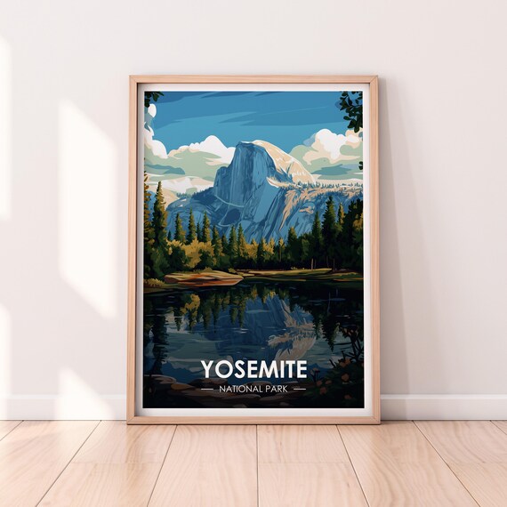 Yosemite National Park Half Dome Lake Reflection Vintage Travel Poster