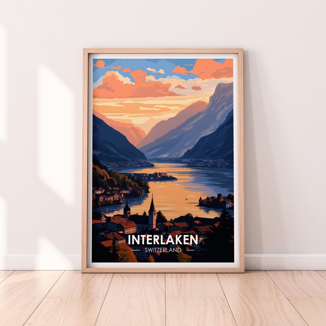 Interlaken Switzerland Sunset Lake And Mountain View Travel Poster