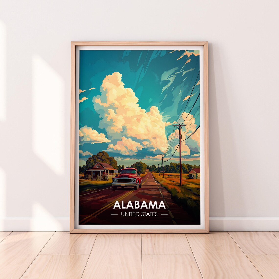 Alabama Vintage Country Road Red Pickup Truck Scenic Travel Poster