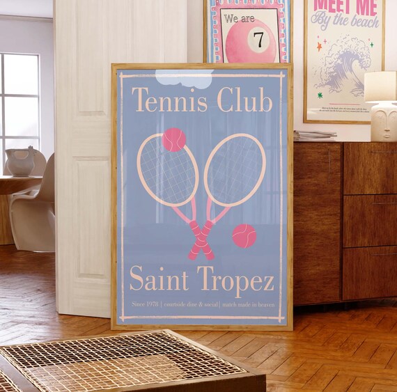 Tennis Club Print Trendy Country Decor Racket Cute Sports Posters Preppy Wall Art Retro Home