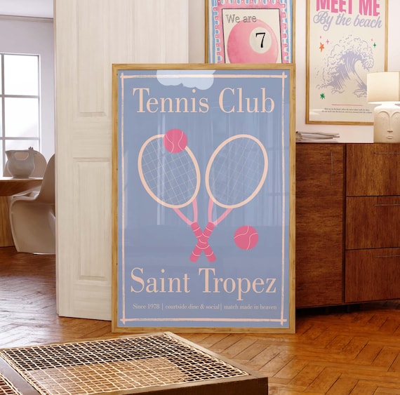 Tennis Club Saint Tropez 1978 Blue Pink Preppy Retro Tennis Poster