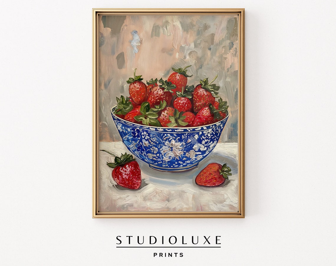 Fresh Strawberries in a Blue Chinoiserie Bowl Still Life Wall Poster