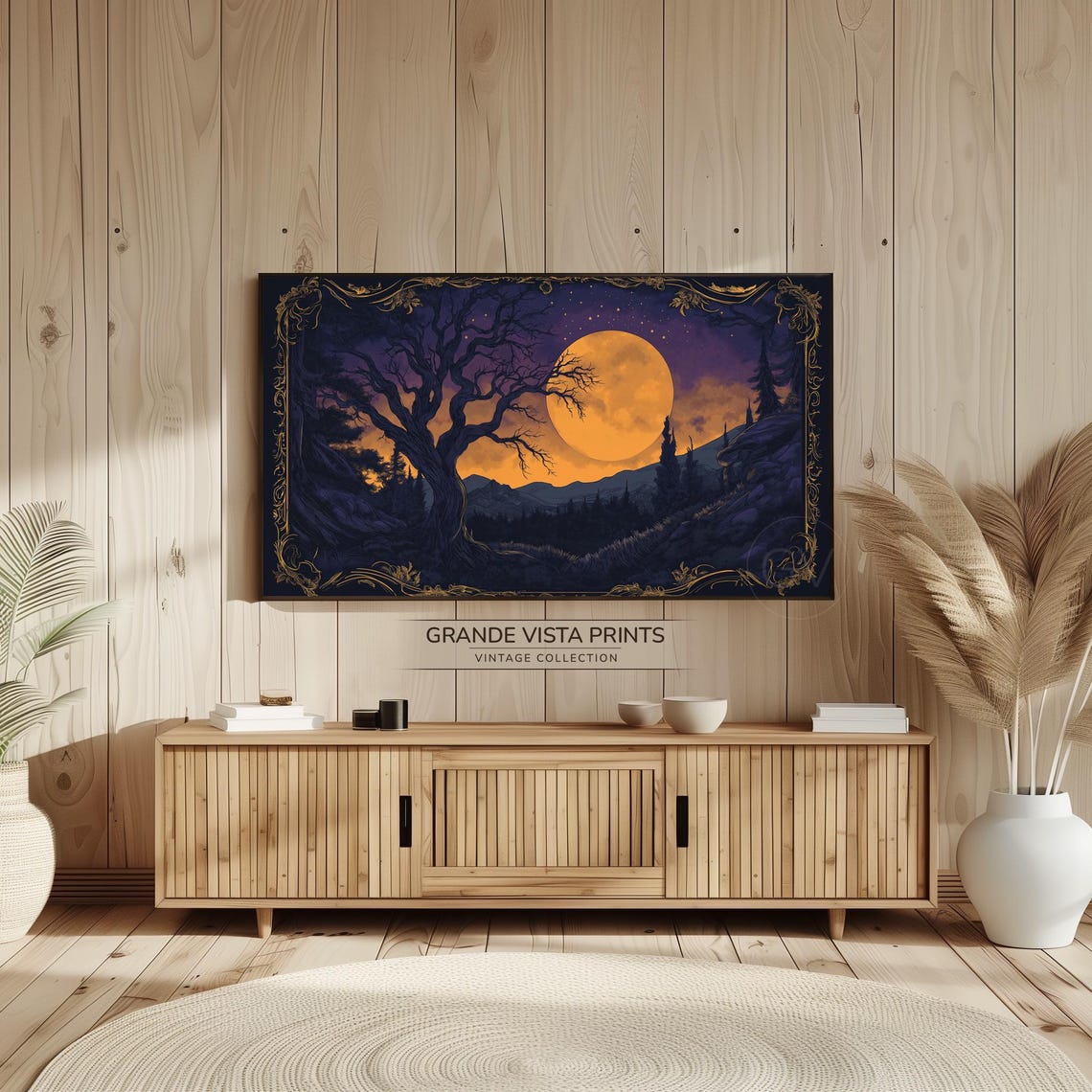 Halloween Harvest Moon Bare Tree Purple Night Vintage Art Poster - Image 2