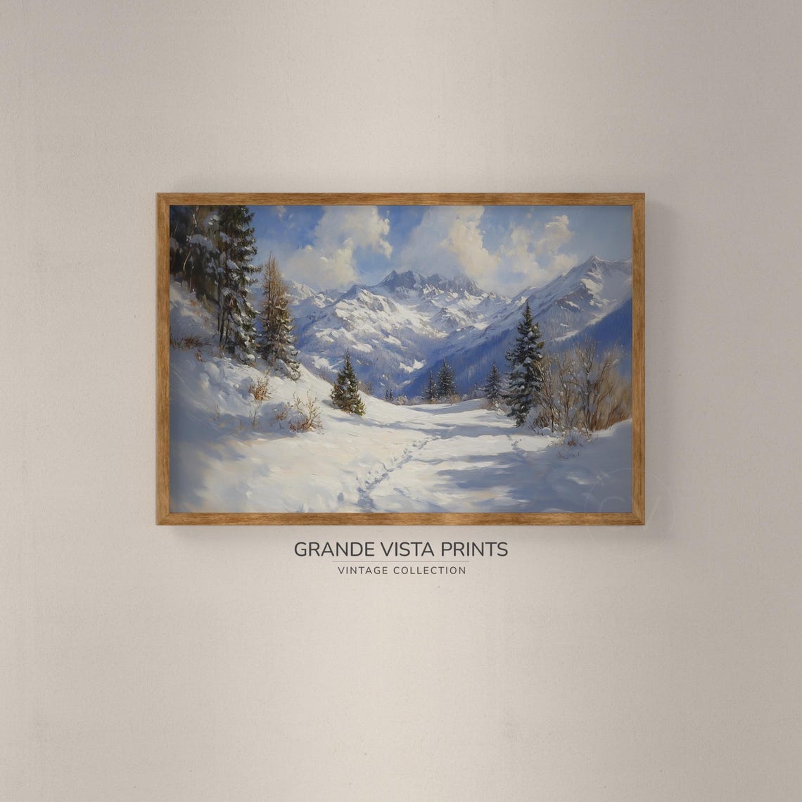 Sunny Snowy Mountain Trail Evergreens Vintage Alpine Winter Poster - Image 2