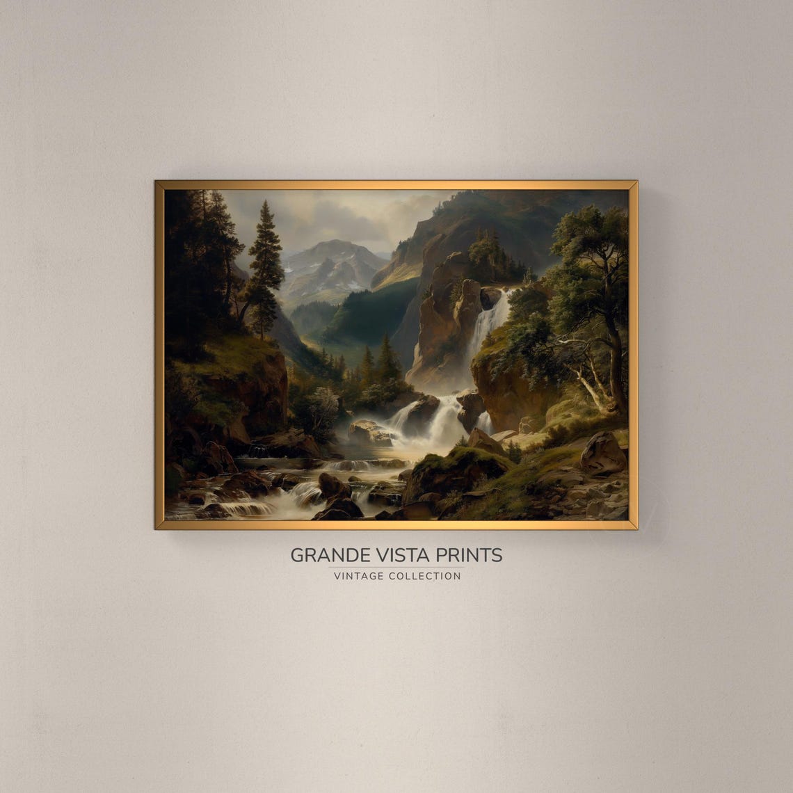Alpine Waterfall River Valley Pines Misty Peaks Vintage Poster