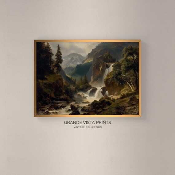 Forest Waterfall Landscape Painting Waterfall Painting Wall Art Instant Waterfall Art Print Gv4202