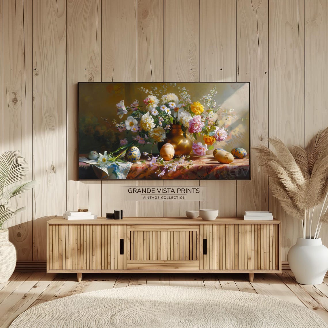 Easter Still Life Brass Vase Flowers Painted Eggs Table Poster - Image 2