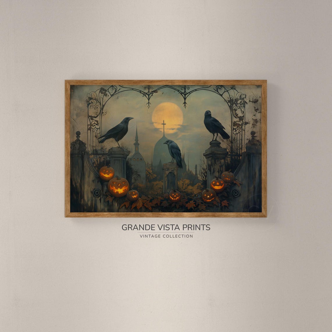 Three Crows Perched on Iron Arch With Pumpkins Gothic Halloween Poster - Image 2