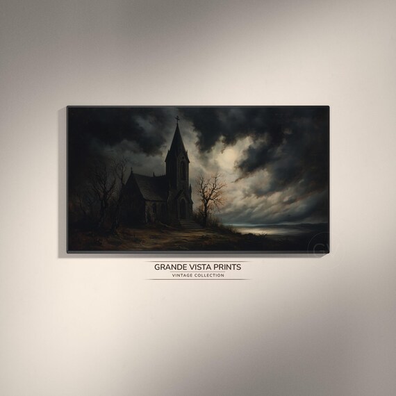 Gothic Church Stormy Night Moon Clouds Dark Halloween Poster