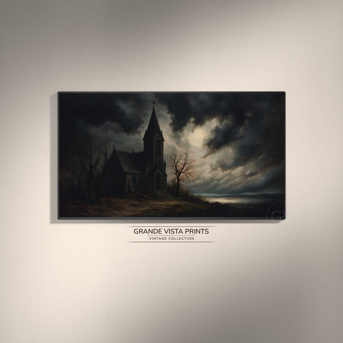 Gothic Church Stormy Night Moon Clouds Dark Halloween Poster