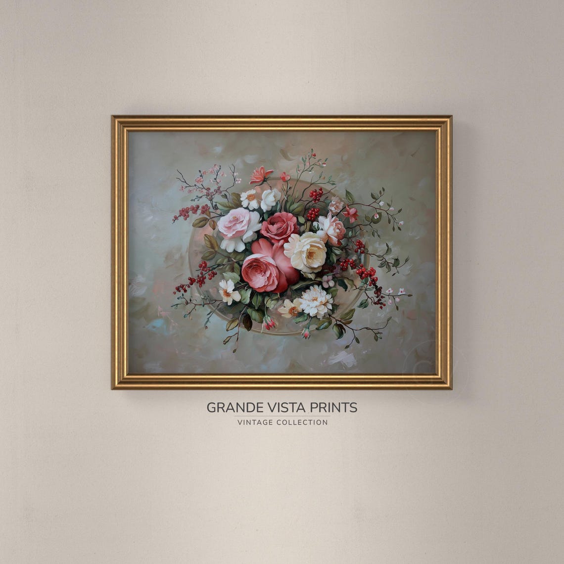 Pink Roses and White Blossoms Red Berry Bouquet Vintage Floral Poster - Image 3