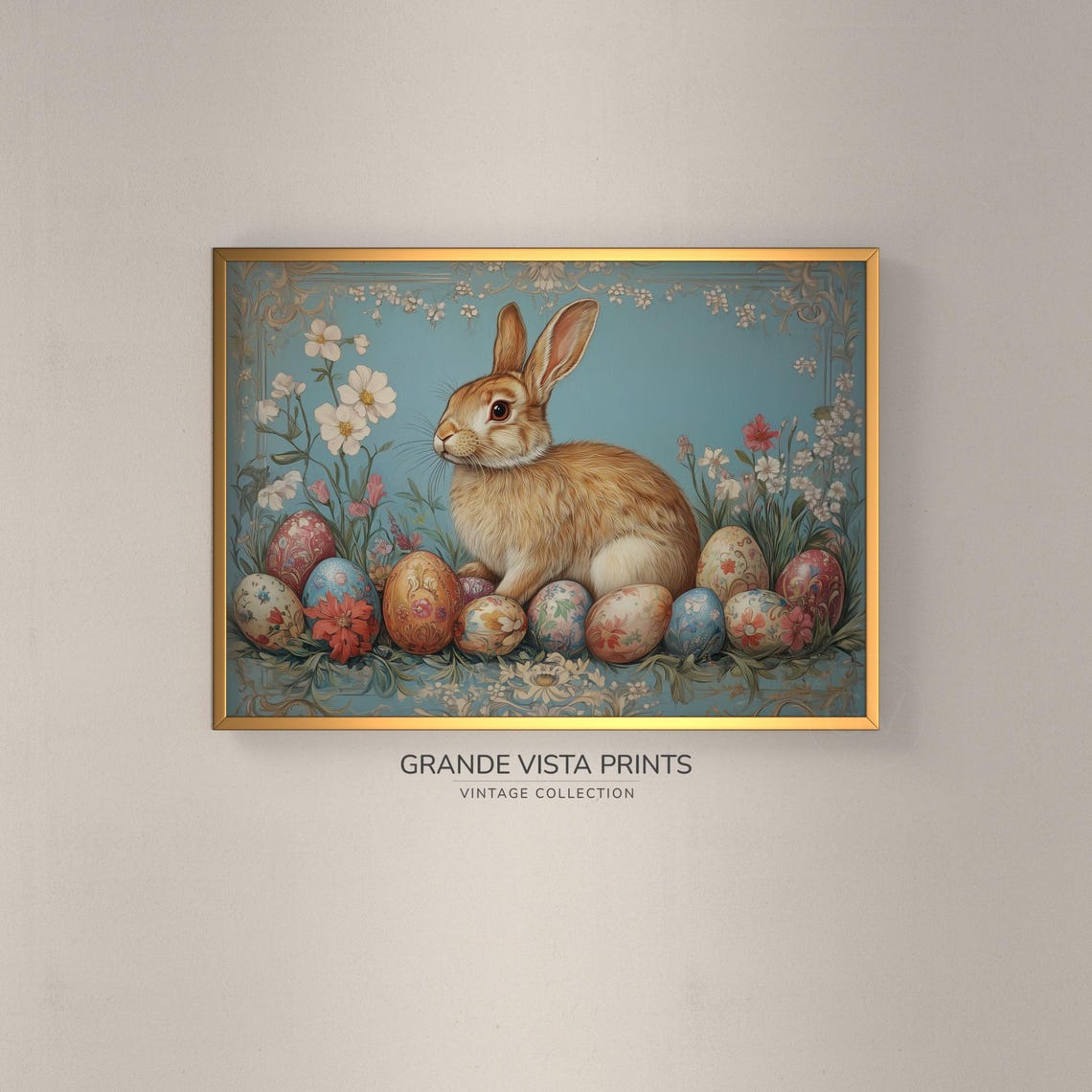 Tan Rabbit Painted Easter Eggs Teal Blue Vintage Spring Wall Art