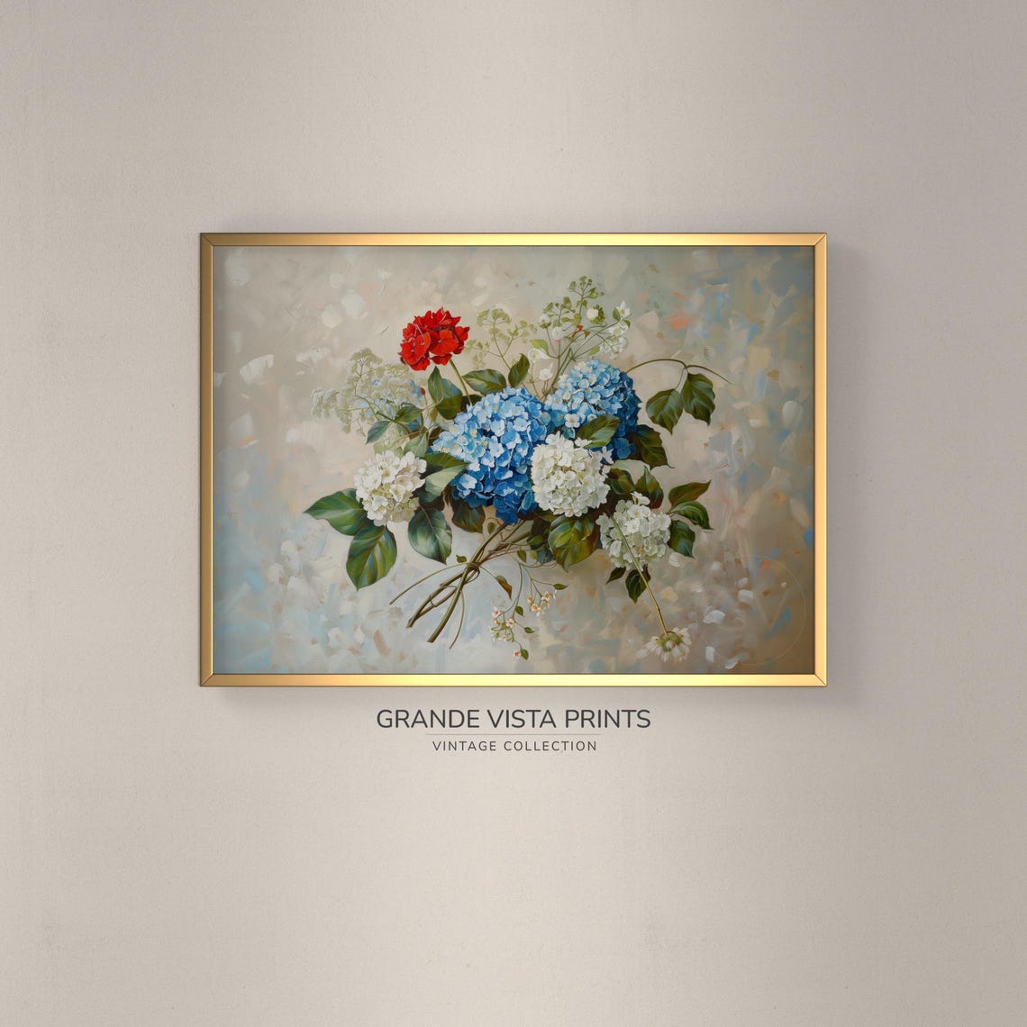 Blue Hydrangea White Blossoms Red Flower Loose Bouquet Floral Poster