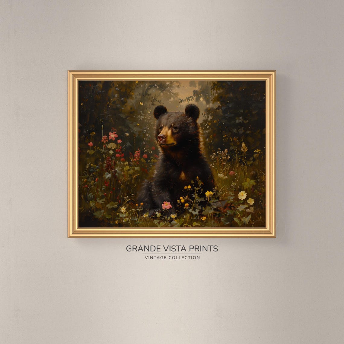 Black Bear Cub Wildflower Garden Golden Forest Wildlife Wall Poster - Image 3