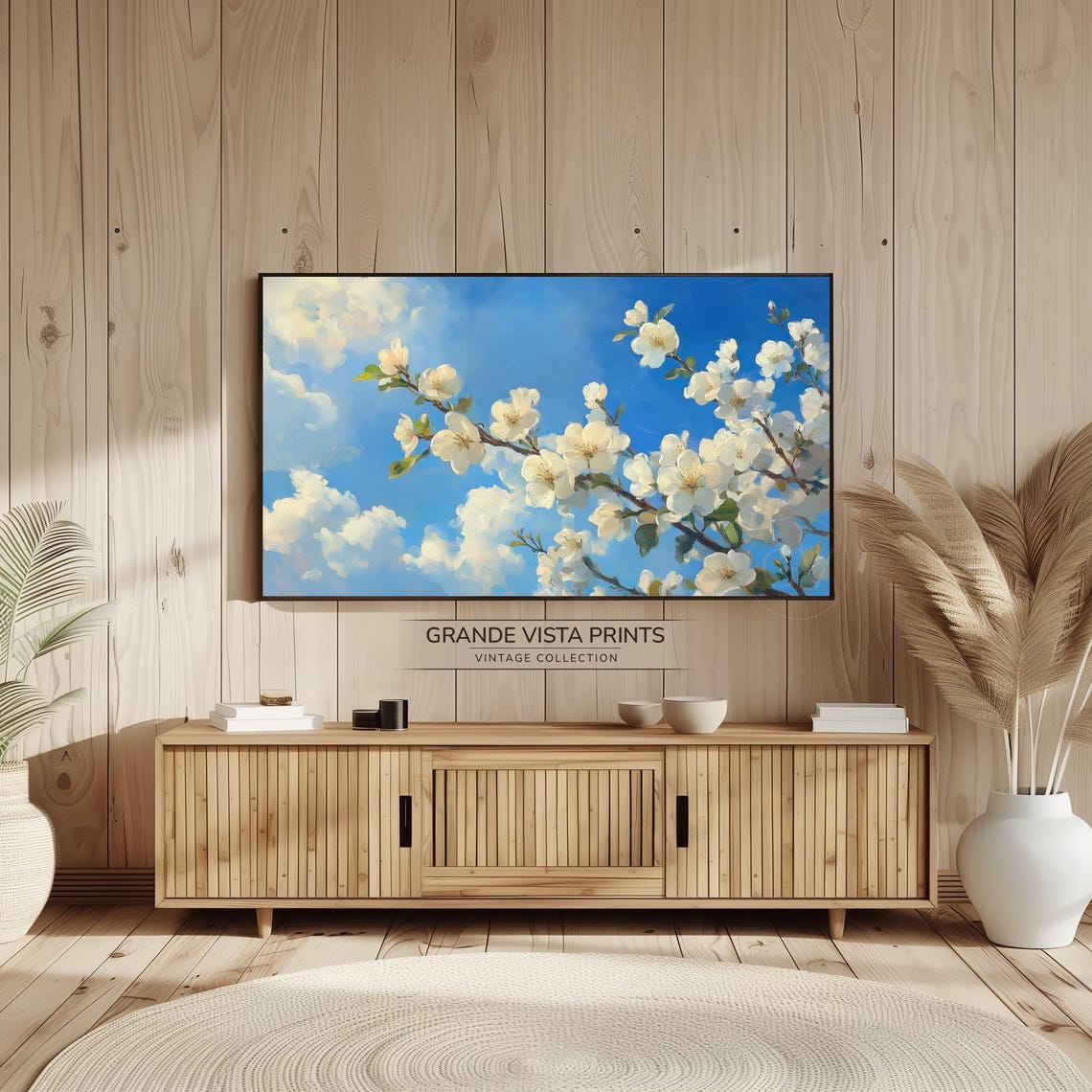 White Cherry Blossoms Against Bright Blue Sky Clouds Spring Wall Art - Image 2
