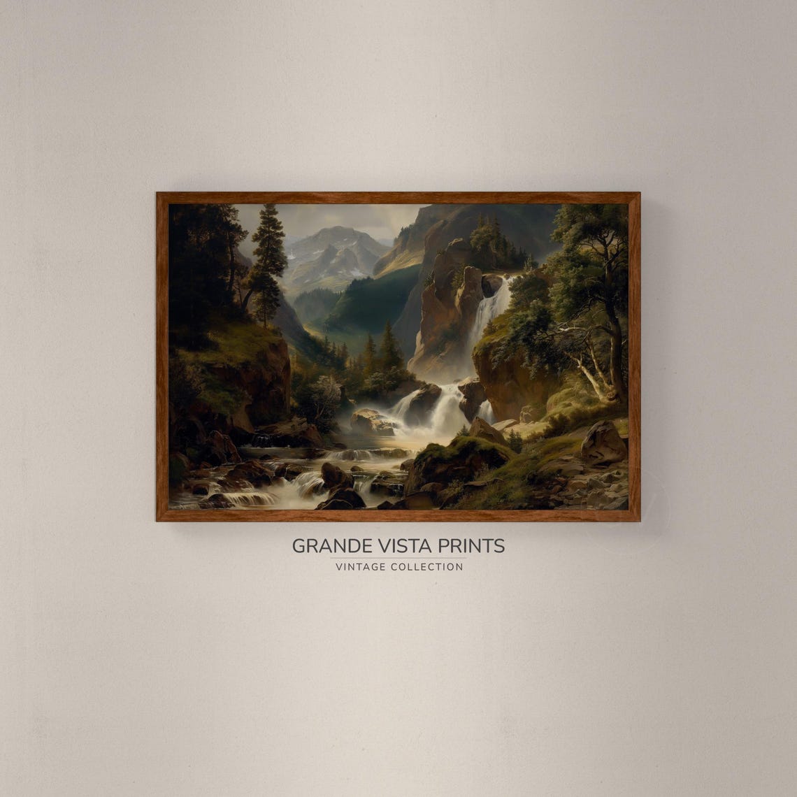 Alpine Waterfall River Valley Pines Misty Peaks Vintage Poster - Image 2