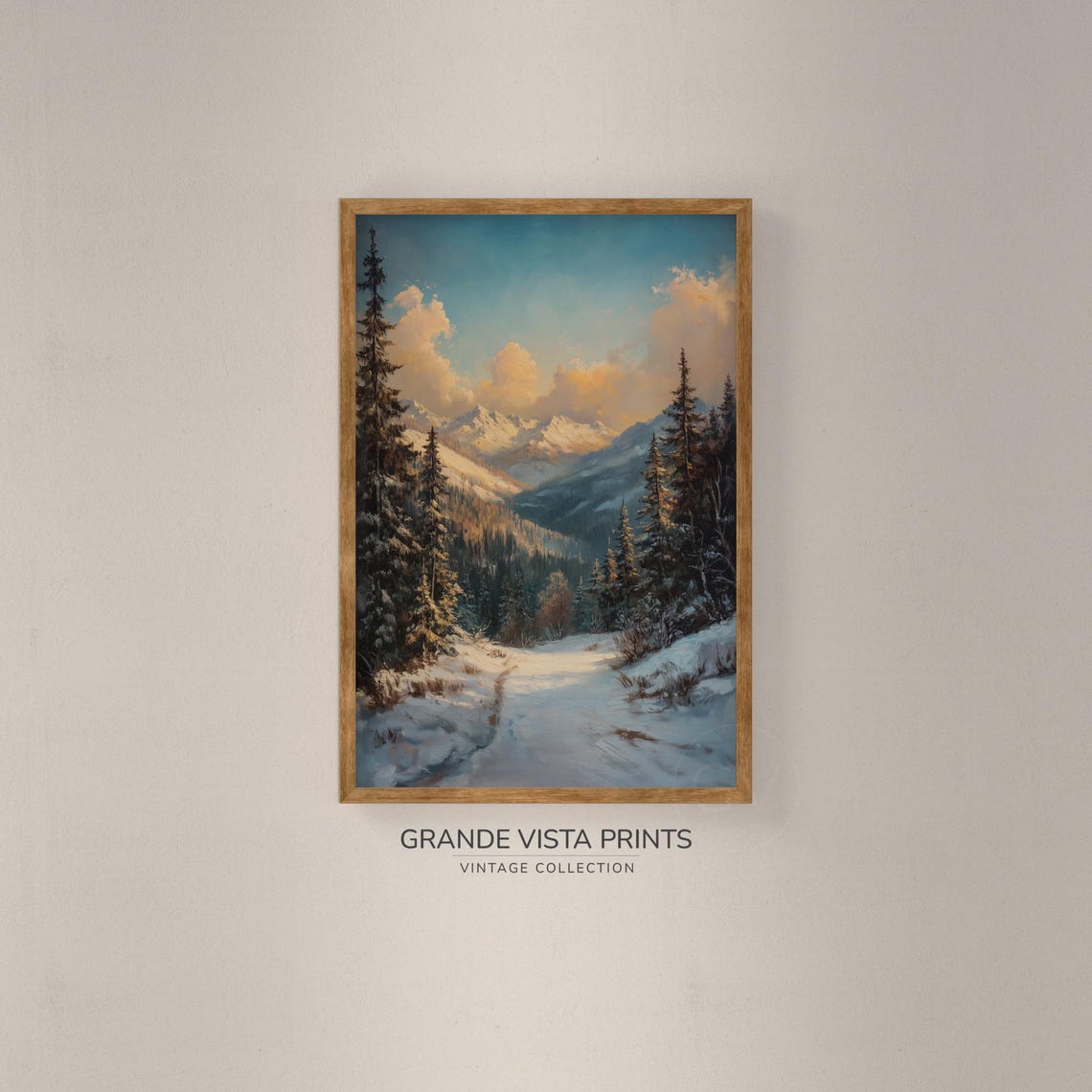 Golden Hour Snowy Forest Path Glowing Clouds Winter Landscape Poster - Image 2