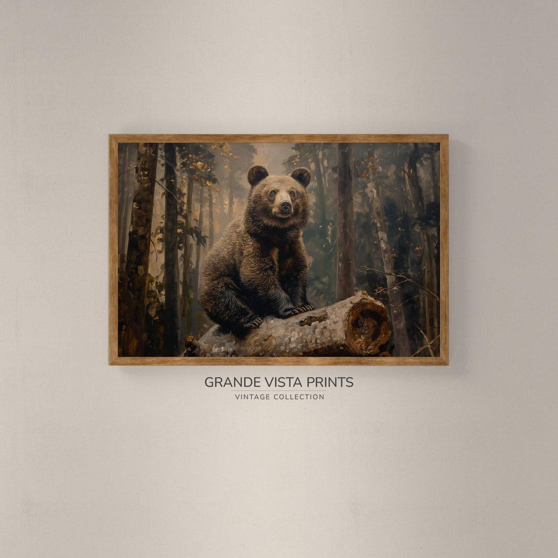 Brown Bear Cub Sitting Fallen Log Misty Forest Vintage Wildlife Print - Image 2