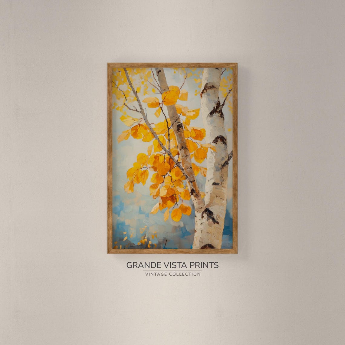 Yellow Aspen Leaves Birch Branch Blue Sky Vintage Painting Print - Image 2