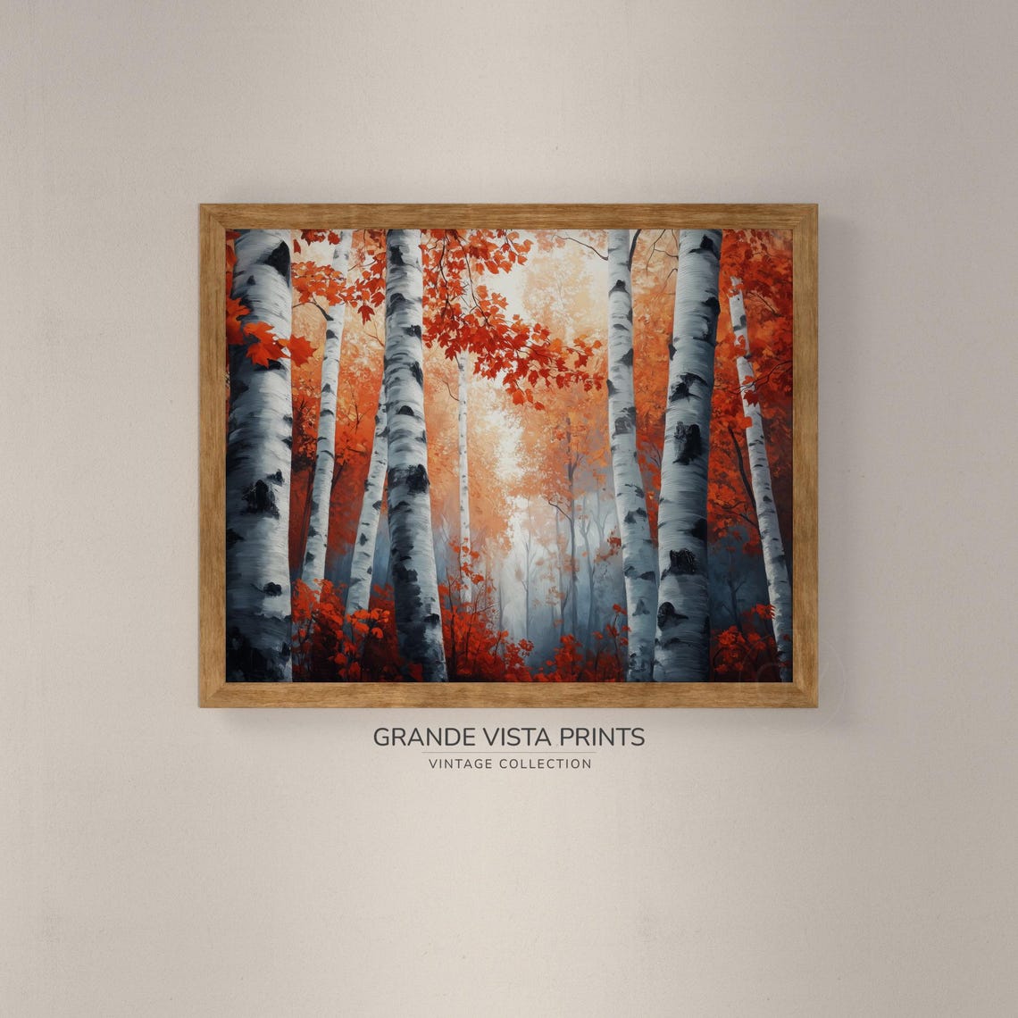 Fiery Red Orange Birch Forest Misty Gray Vintage Autumn Poster - Image 4