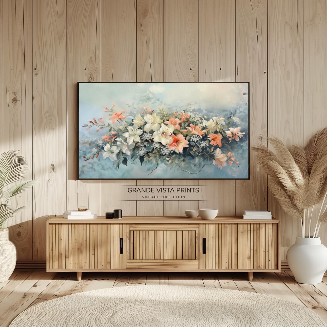 White Coral Blossoms Wildflower Bouquet Blue Floral Painting Poster - Image 2
