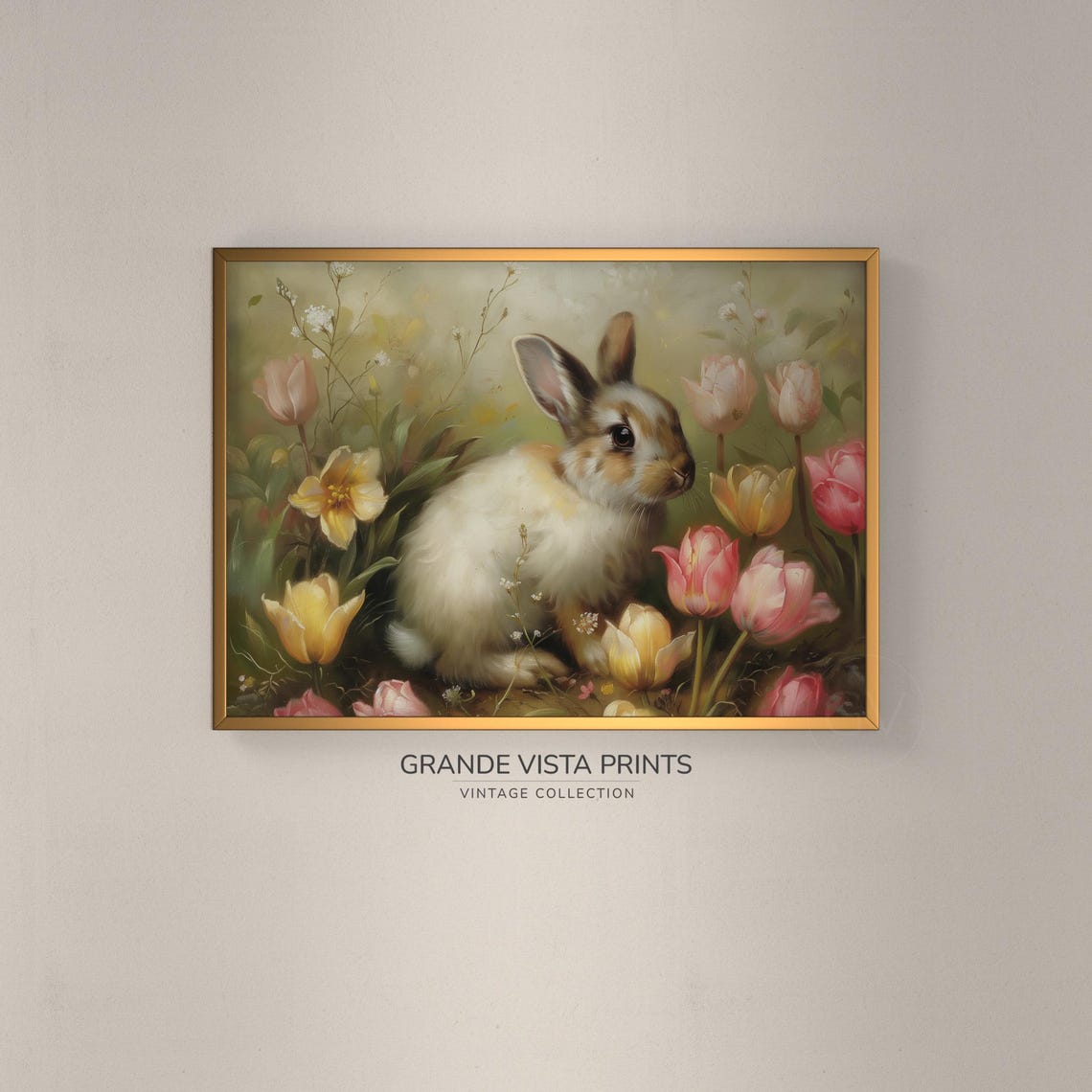 White Bunny Among Yellow Daffodils Pink Tulips Spring Easter Print