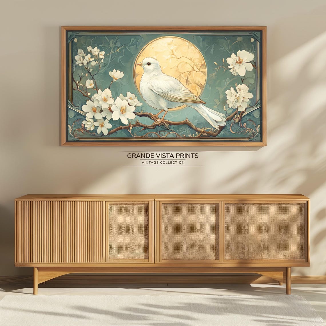 White Dove on Blossom Branch Golden Moon Art Nouveau Spring Print - Image 4