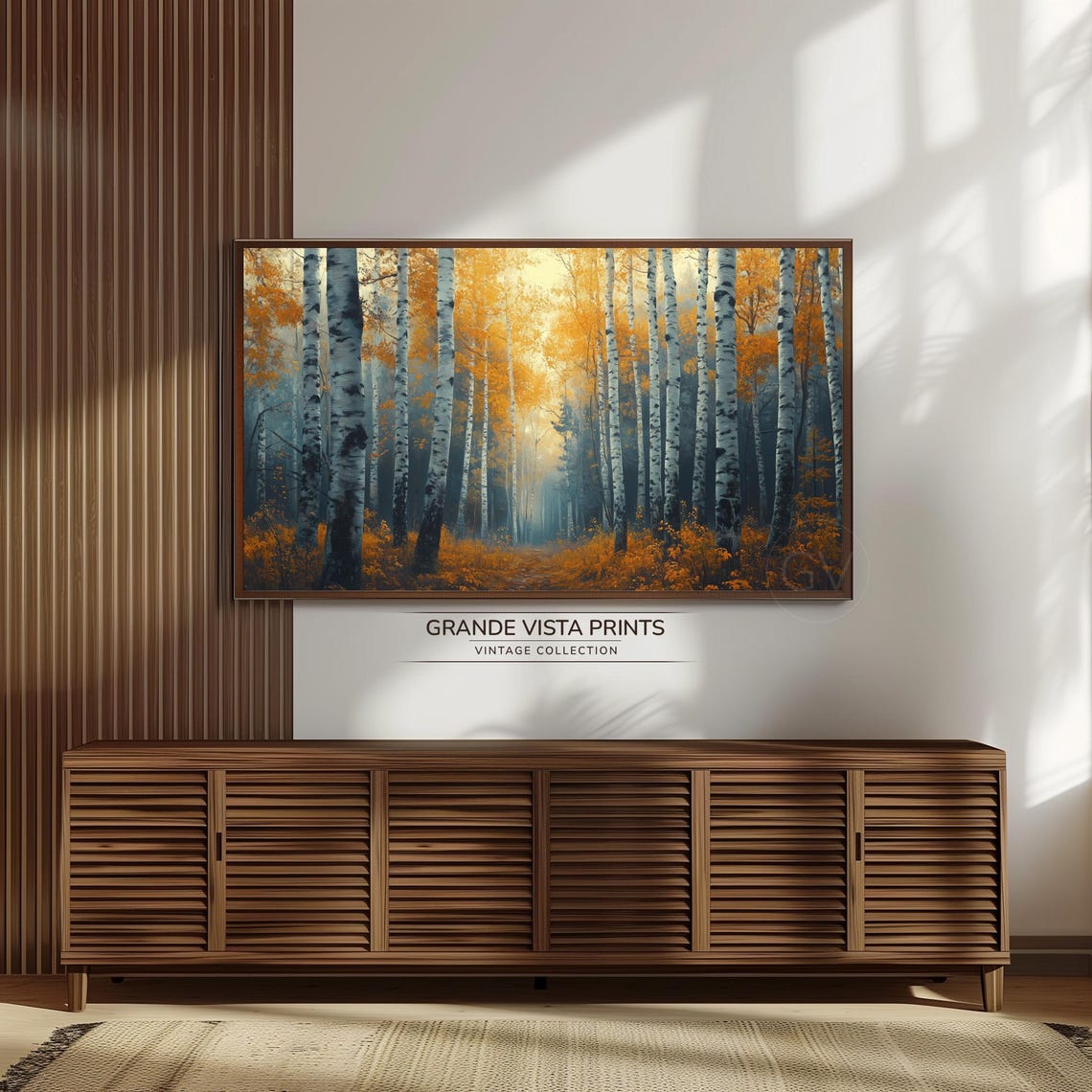 Birch Forest Path Warm Orange Canopy Cool Blue Vintage Poster - Image 3
